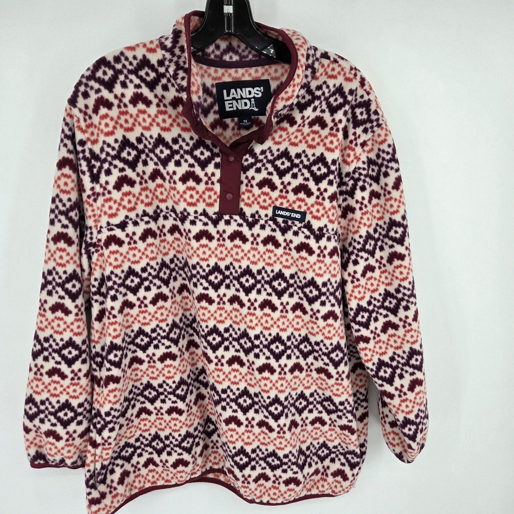 Lands End Women's 1X Fleece Fair Isle Snap Neck Pullover Sweatshirt - Picture 3 of 5